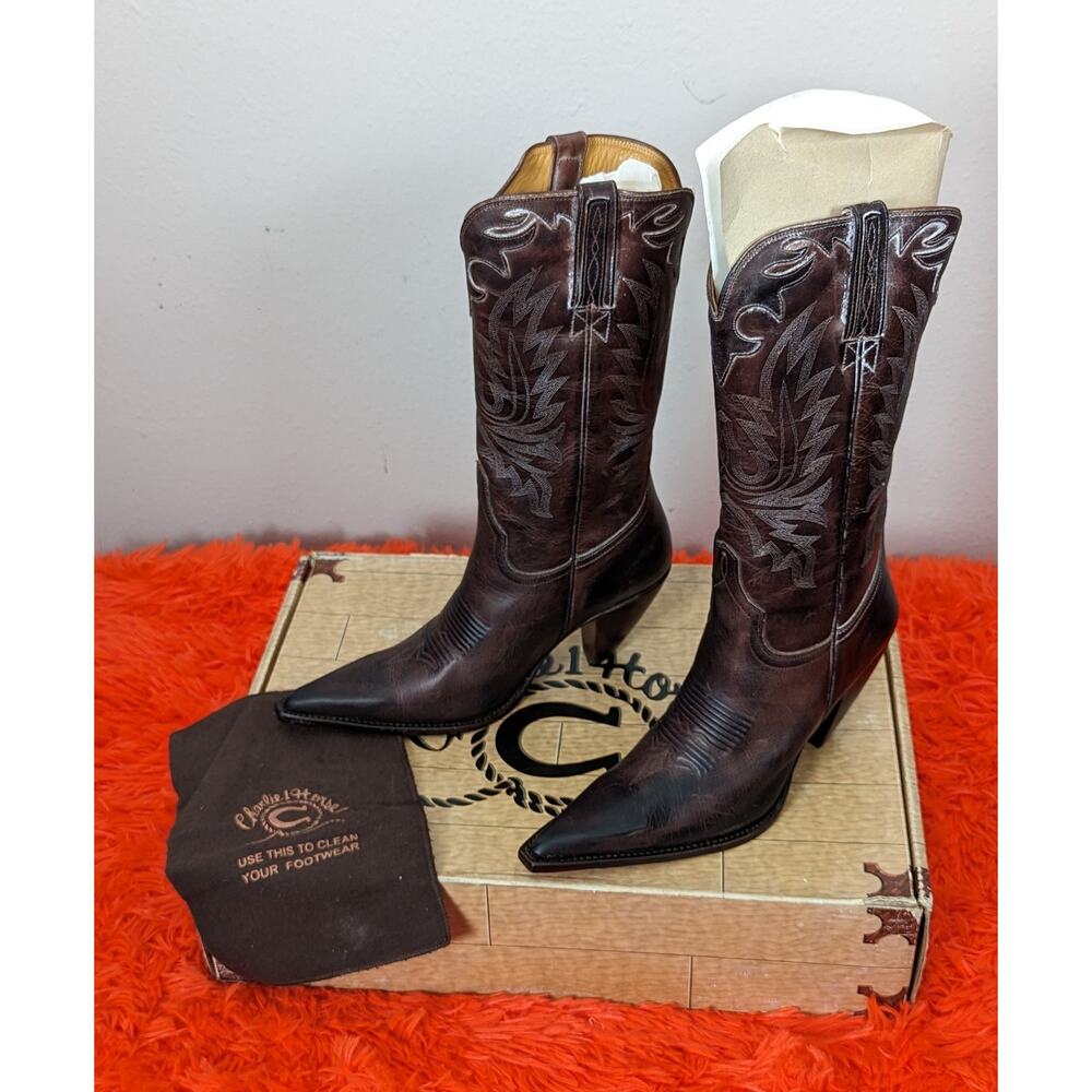 NWT Charlie 1 Horse Lucchese Mahogany Brown Leather Pointed Cowboy Boots 7.5 B
